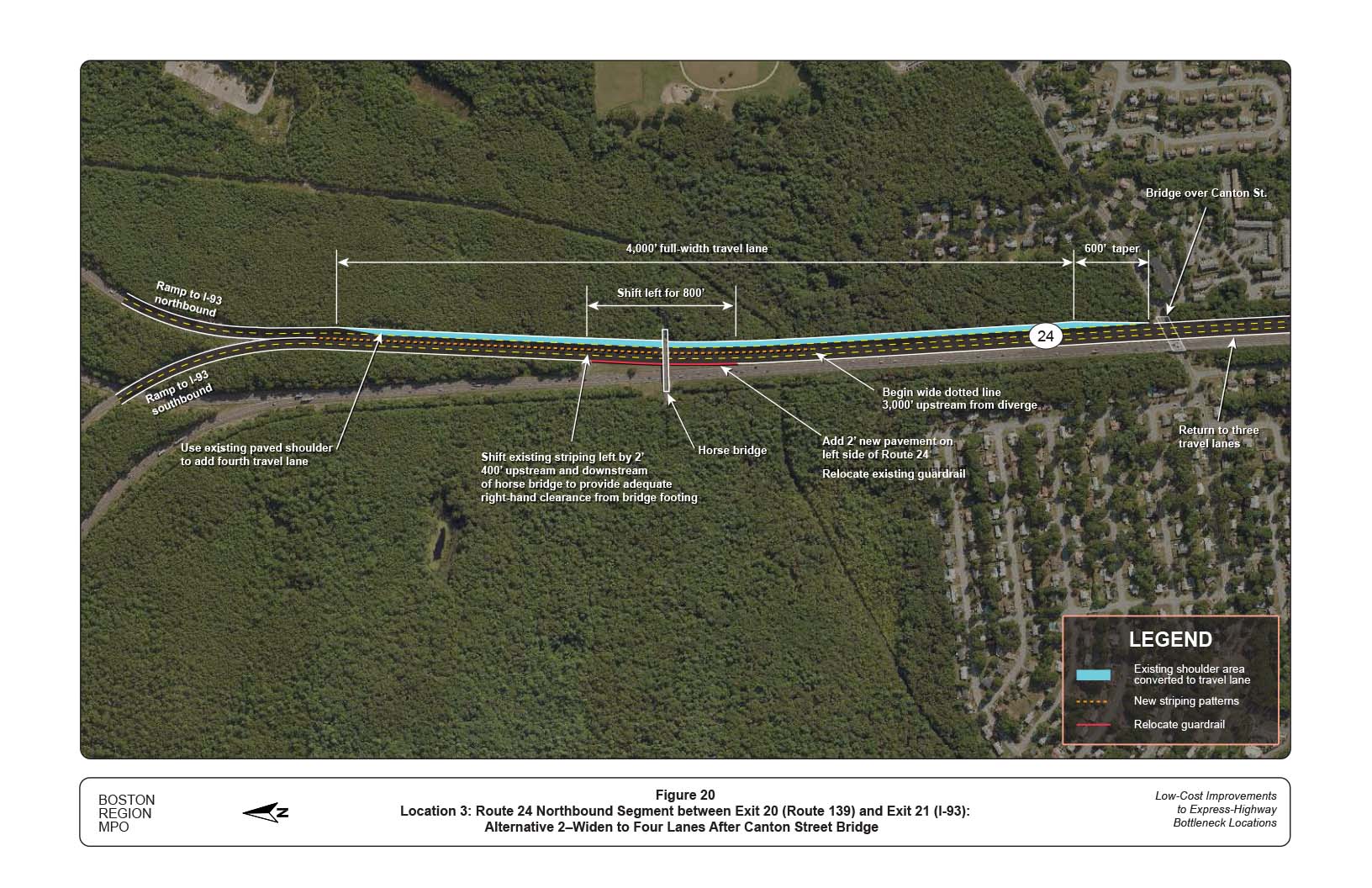 FIGURE 20. Location 3: Route 24 Northbound Segment between Exit 20 (Route 139) and Exit 21 (I-93): Alternative 2–Widen to Four Lanes After Canton Street Bridge
Figure 20 shows an alternative improvement in this location to address safety and operational issues at the bottleneck. The figure shows the widening of Route 24 northbound to four lanes, continuing the extra lane south until the Canton Street bridge for a total length of approximately 4,000 feet.
